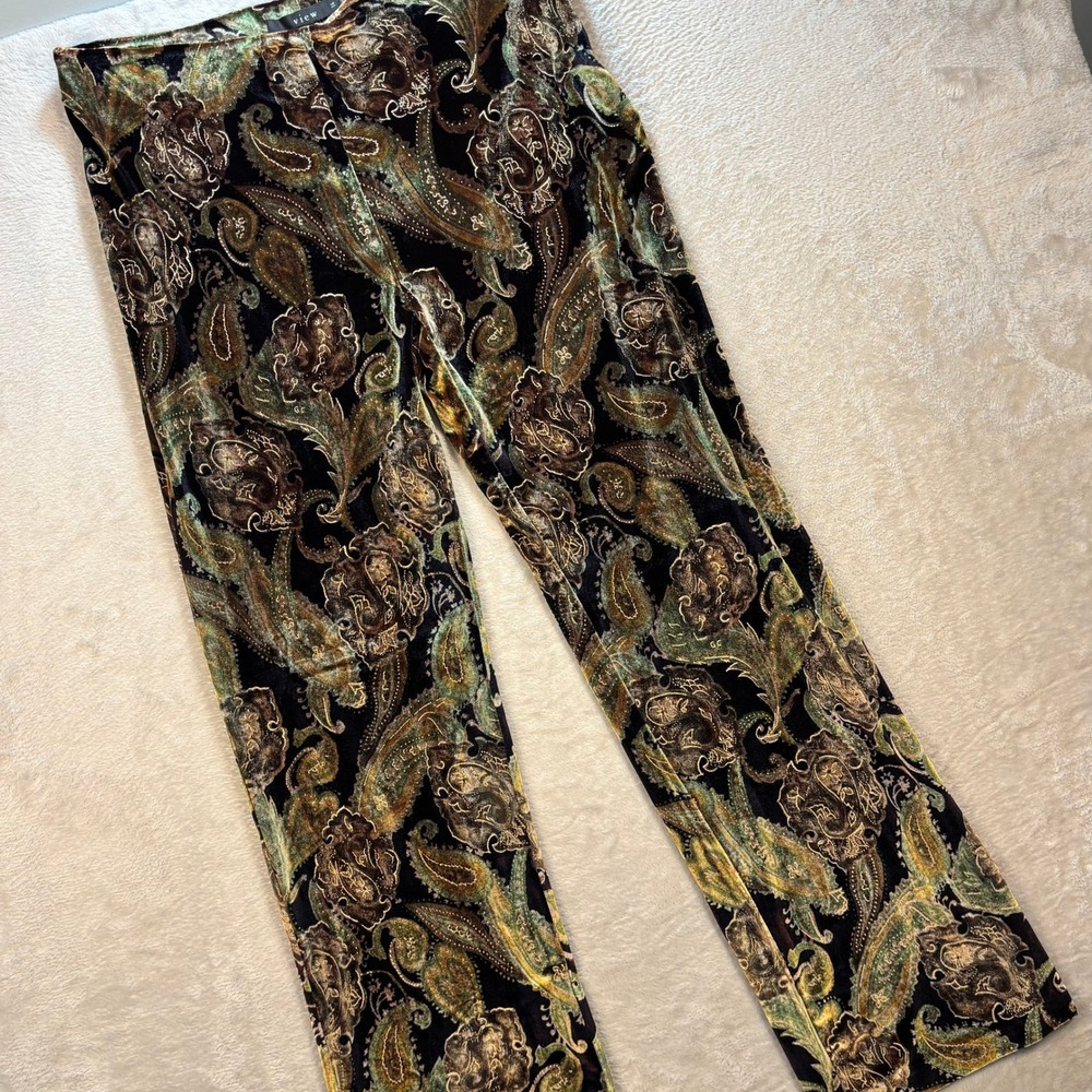 View Womens Pants Velvet Paisley Floral Black Brown Green 14 Straight Leg Boho